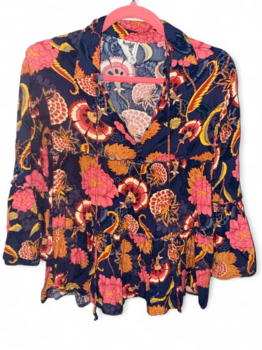 Jaase Boho floral Top with bell sleeves with v neck drawstring XS